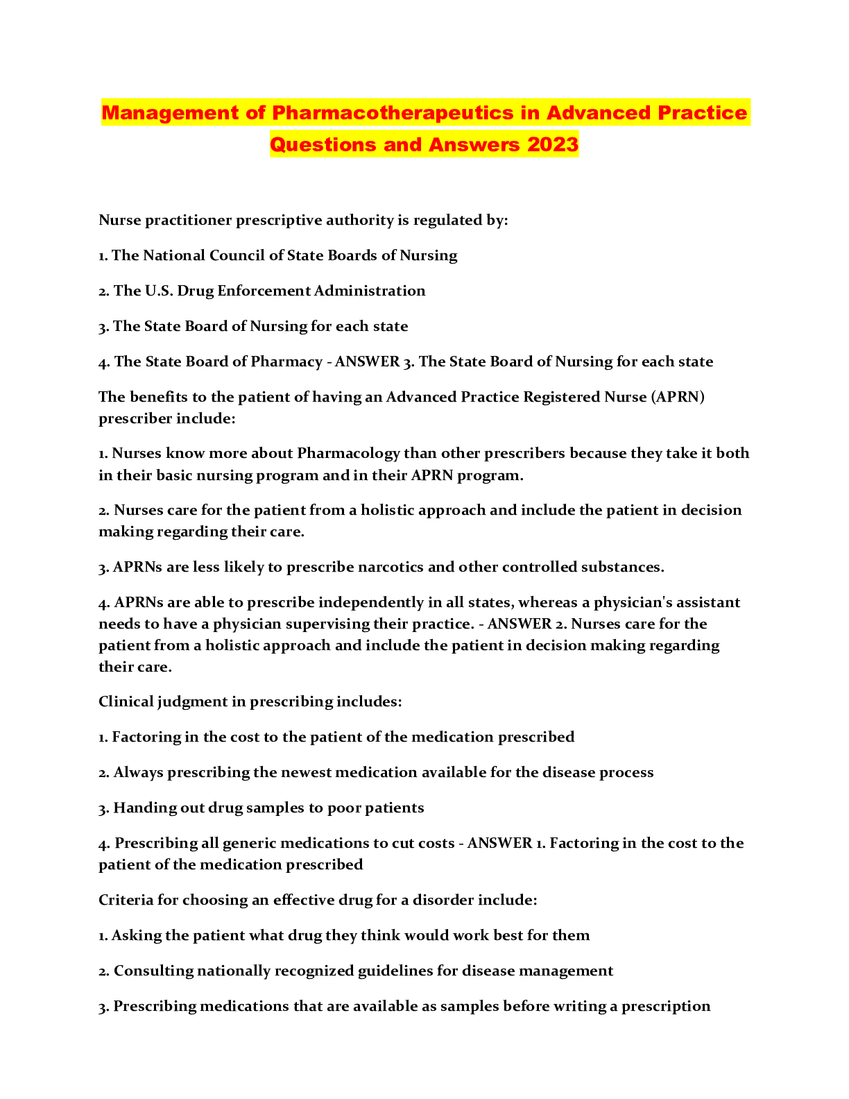 Preview image for Management of Pharmacotherapeutics in Advanced Practice Questions and Answers 2023
